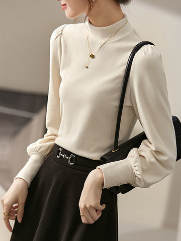 Airchics hauts unicolore doublé polaire boutons col roulé manches bishop femme élégant mode